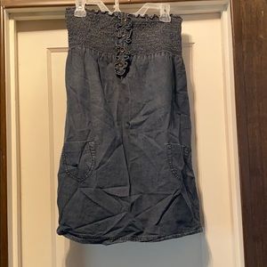 Denim tube top dress-knee length